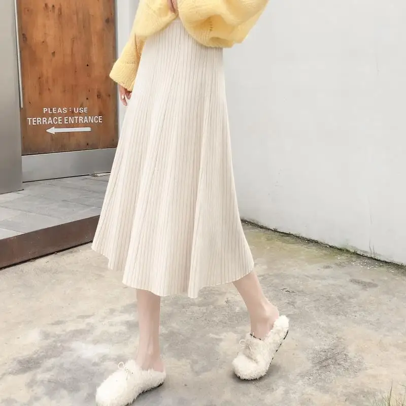 Elegant Midi Pleated Knitted Skirt Women Autumn Winter Korean A Line High Waist Sweater Skirts Female Ladies Grey Black Khaki | Женская