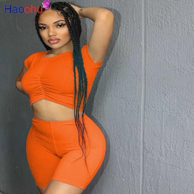 

HAOOHU 2020 Summer Women Two Pieces Sets Tracksuits Draped Short Sleeve Tops Shorts Suit Fitness Sporty Street Club 2 Pcs Outfit