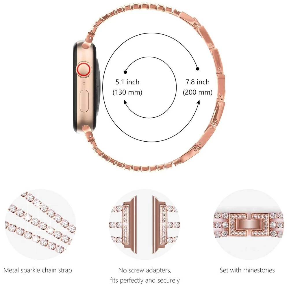 Woman Watchband for Apple Watch Bands 38mm 42mm Bracelet Replacement iWatch Series SE 6 5 4 40mm 44mm Strap Bling Rose-Gold