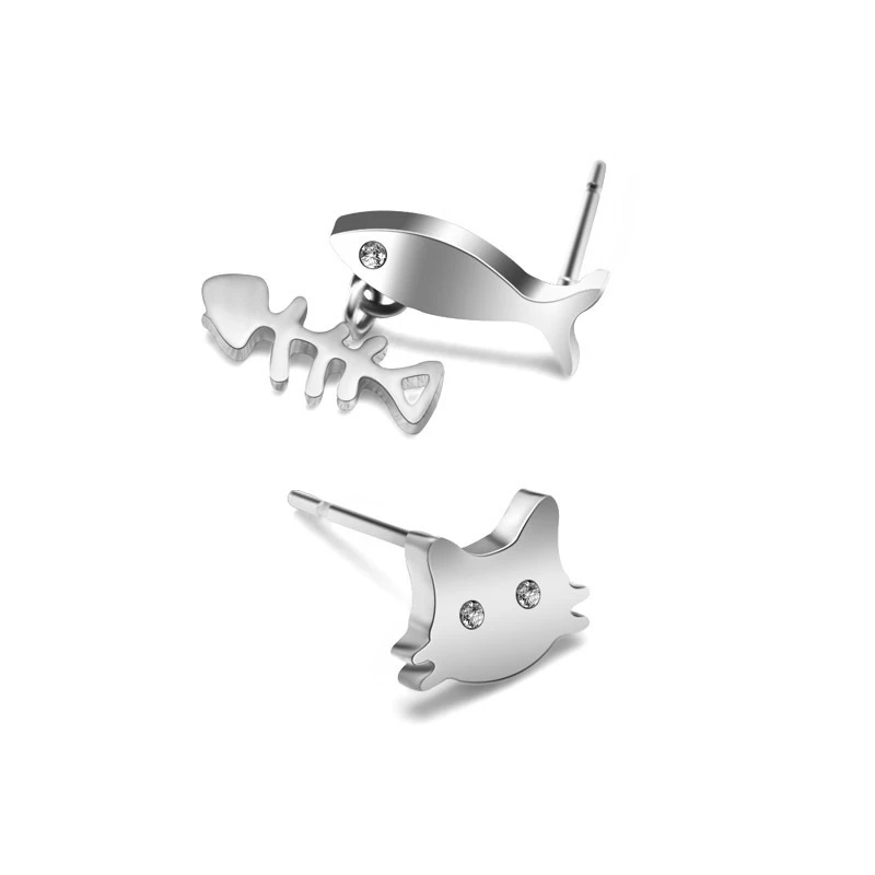 

2020 New Design Cat Eat Fish Stud Earrings With AAAA Cubic Zirconia Fashion Gold Color Stainless Steel Aretes For Women Jewelry