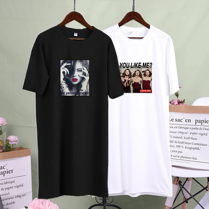 

Women Sundress Character Modern Print o Neck Casual Loose Long t Shirt Streetwear Vestido Mujer White Black