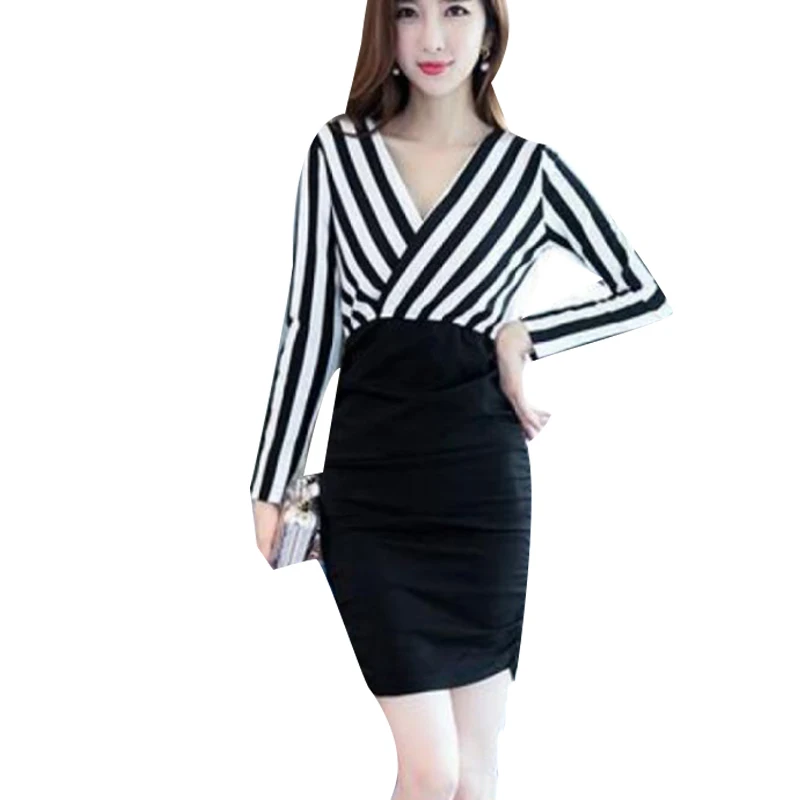 

Женское весенне-летнее стильное платье, женское новое платье в полоску с v-образным вырезом, сексуальное элегантное тонкое платье SS1398