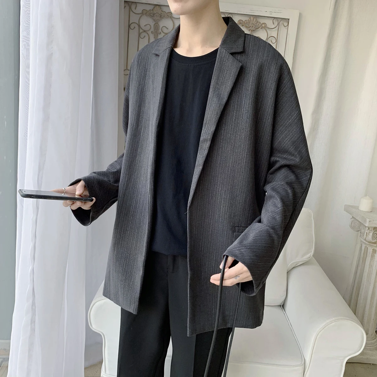 Hongkong Autumn Men Blazer Black Oversized Blazer Masculino Yuppie Style Men Blazer hombre - Цвет: Dark Gray
