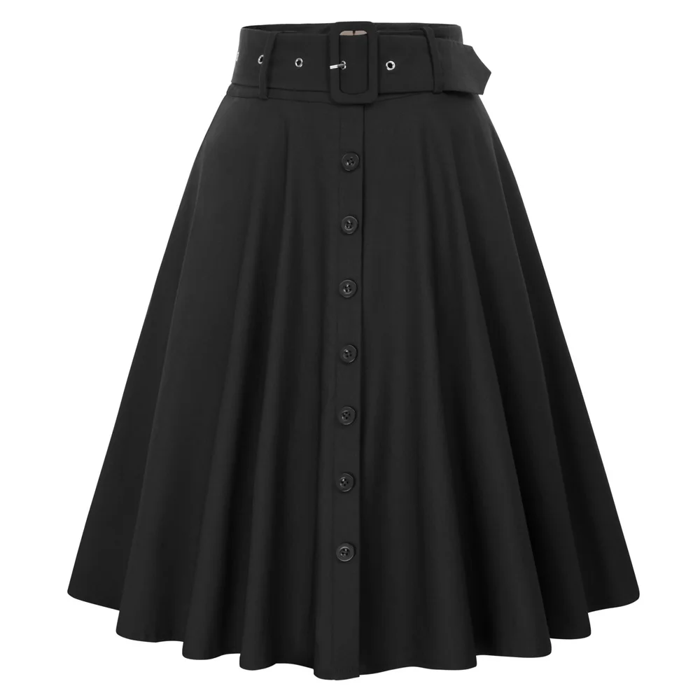 

Belle Poque Women's Skirts Solid Color Buttons Flared A-Line Skirt With Belt & Pockets Swing Skirts Sweet Casual Knee Length New