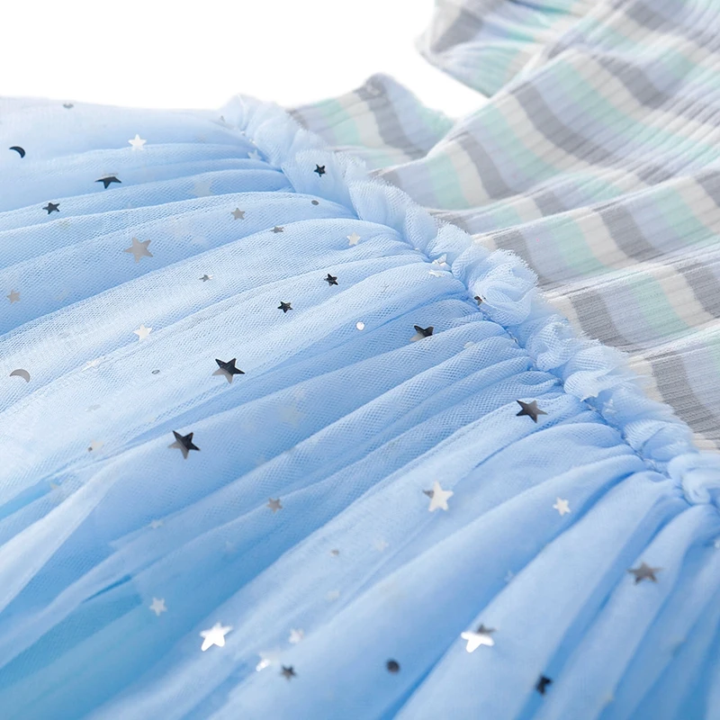 

1-4T Summer Baby Kid Girls Dress Short-sleeved Printed Dress Striped Cute Princess Dress Mesh Skirt Baby Princess Dress Clothi