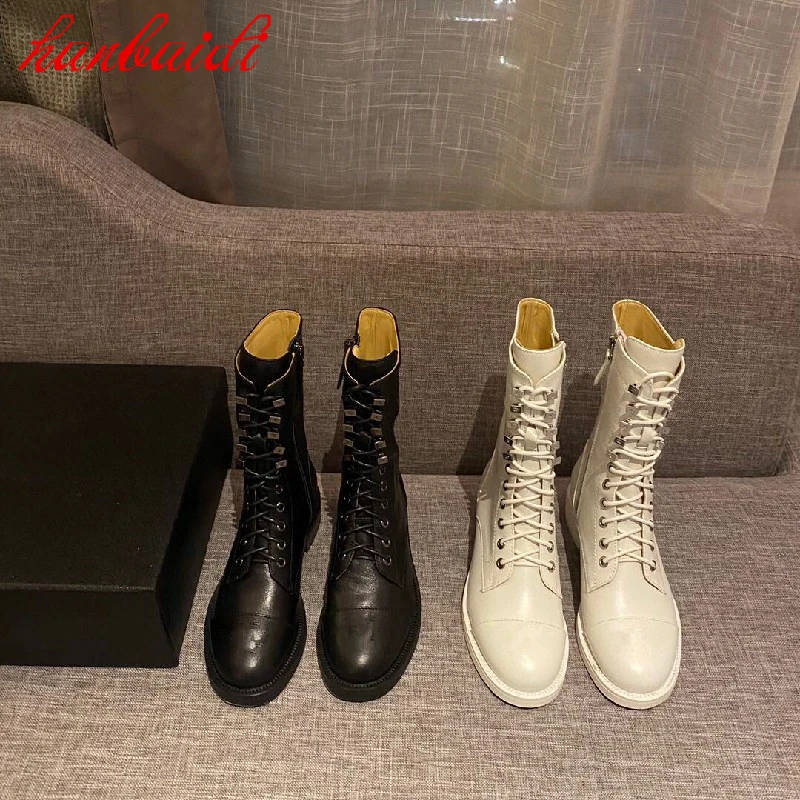 

Autumn Female Short Boots British Style Concise Casual Shose Round Toe Lace Up Short Boots Metal Decoration Zipper Martin Boots