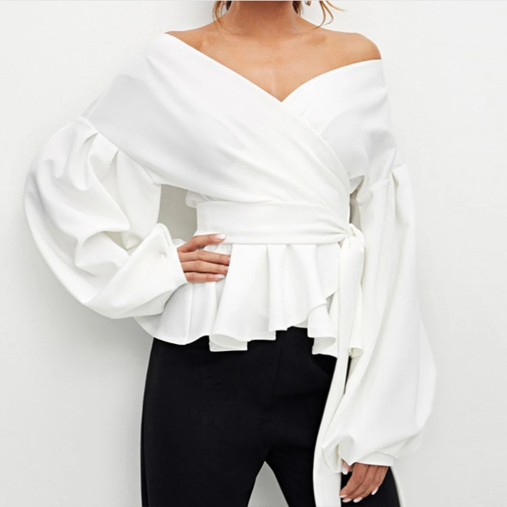 

SISHION Spring Slash Neck Lantern Sleeve Sexy Strapless Shirt Female Greebn Black White Elegant Women Top QZ0185