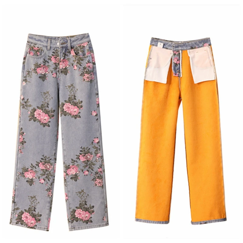 

Autumn Winter Plus Velvet Jeans Women Vintage Flowers Print High Waist Wide Leg Denim Long Pants 2021 Fashion Bottoms