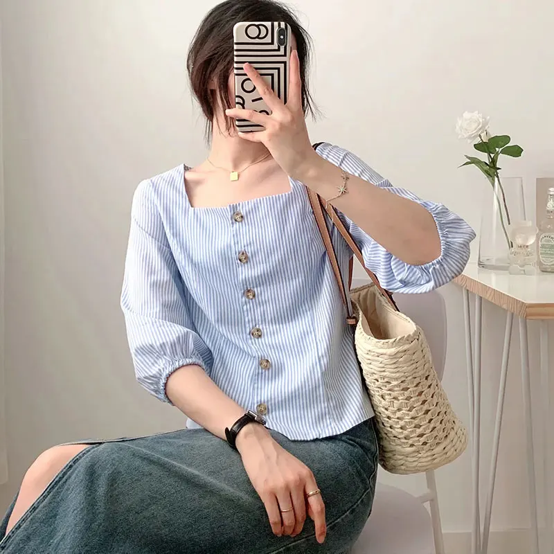 

Women Simply Stripe Single Breasted Shirts 2021New T-shirt Office Lady Long Sleeve Square Collar Fashion Blouses Female Tops