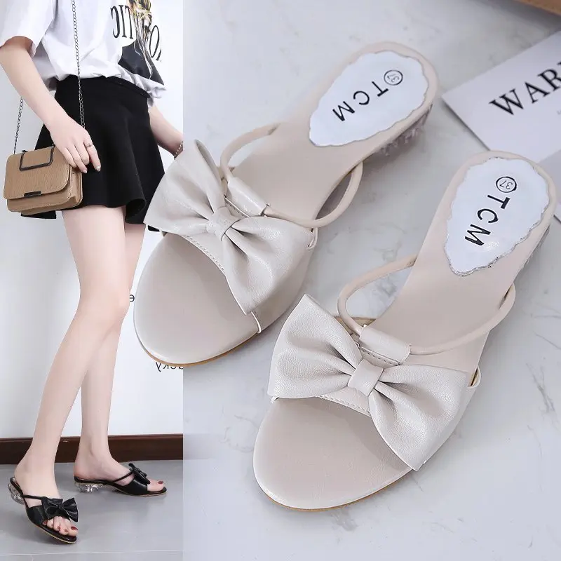 

Large Size 34-43 2021New Summer Wimen's Slippers Low Heels Solid Bow Knot Shoes Woman Fashion Female Casual Walking Sandals