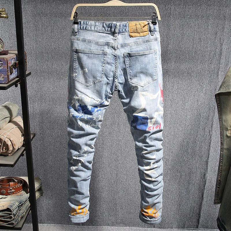European American Street Fashion Men Jeans Retro Light Blue Slim Fit Printed Jeans Men Casual Designer Hip Hop Denim Punk Pants