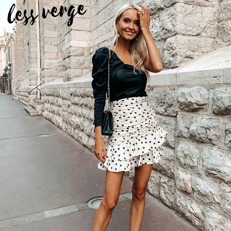 Lessverge/белая Асимметричная юбка в горошек с рюшами Женская Повседневная