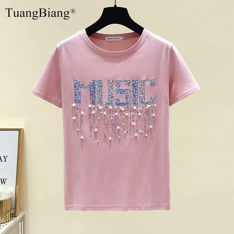 

2021 Deading Flashing Letters Feminine Cotton T Shirt Women Shining Short Sleeve Summer Tshirts Creative O-Neck Music Party Tops