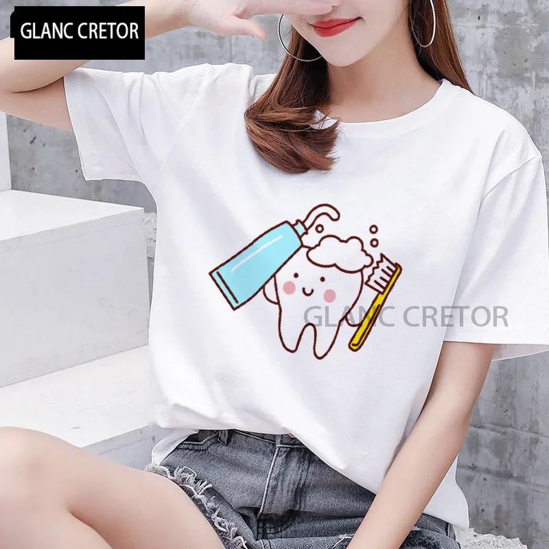 

Harajuku Kawaii O-neck T-shirt funny tooth dentist women's T-shirt 90s pattern fashion printing women shirts
