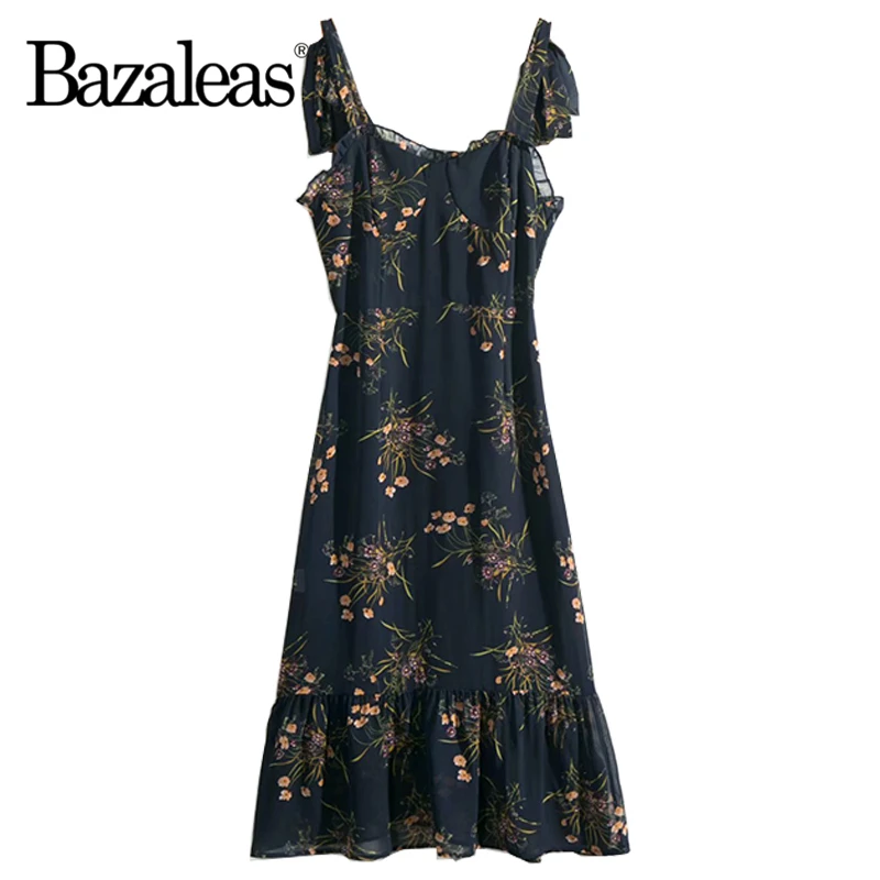 Платье женское средней длины с цветочным принтом на тонких бретельках|Женские