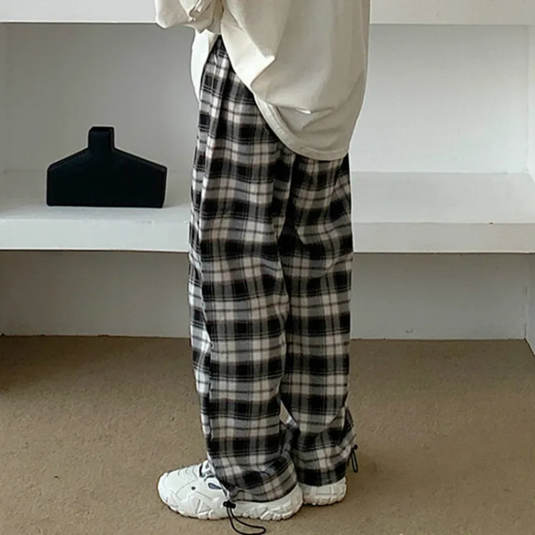 

New spring Korean Harajuku style retro plaid straight loose wide-leg pants