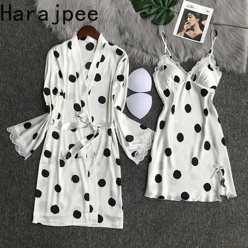 

Harajpee Sexy Pajamas Women's Summer Ice Silk Thin Lace Camisoles Bra Gathered Wave Point Printing Nightdress Outwear Two Sets