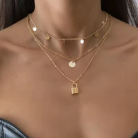 everyday multi layer metallic lock pendant necklace for women ladies thin chain sequined charm chokers necklace accessories