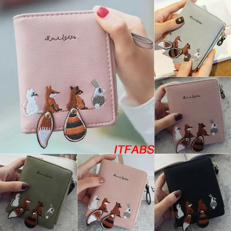 Женский кожаный бумажник с рисунком искусственной лисы короткий кошелек