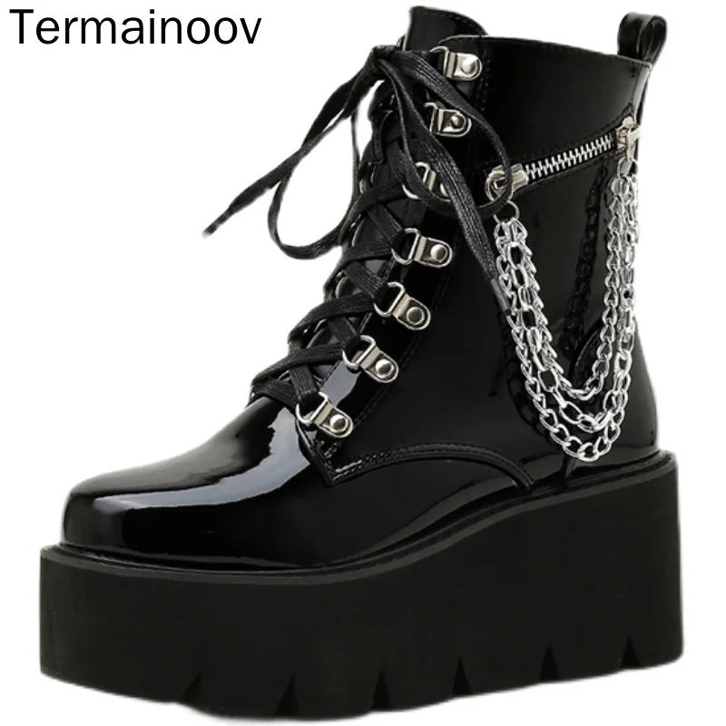 

Termainoov Women Boots Winter High-heeled Lace Up Platform Cross Strap Zipper Metal Chain Patent Leather Martin Boots