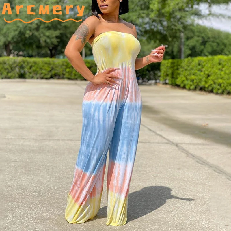 

Women Tie Dye Printed Strapless Wide Leg Jumpsuits