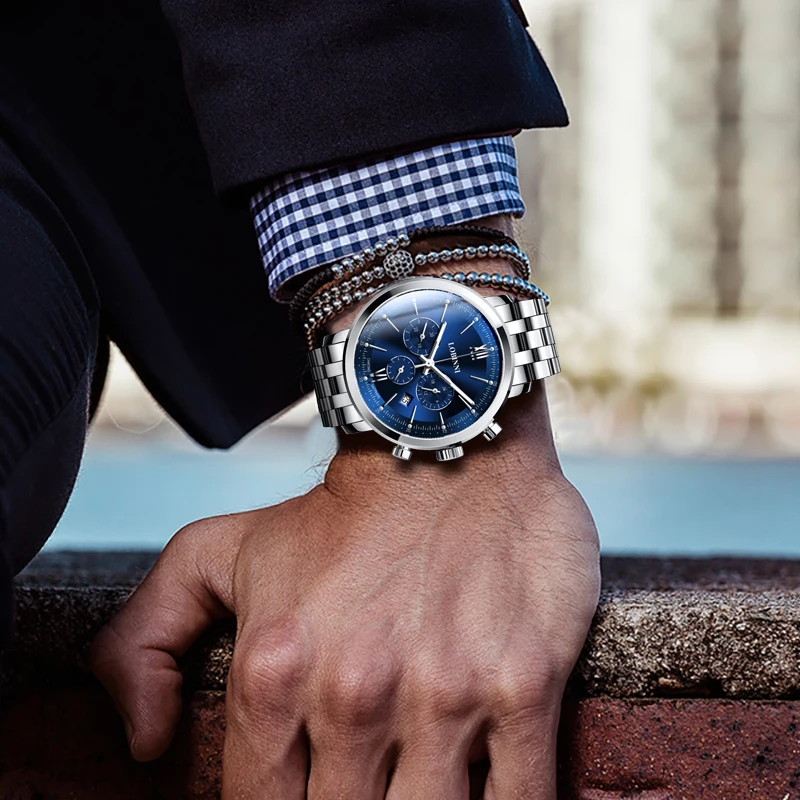 Часы наручные LOBINNI Мужские кварцевые спортивные водонепроницаемые с хронографом