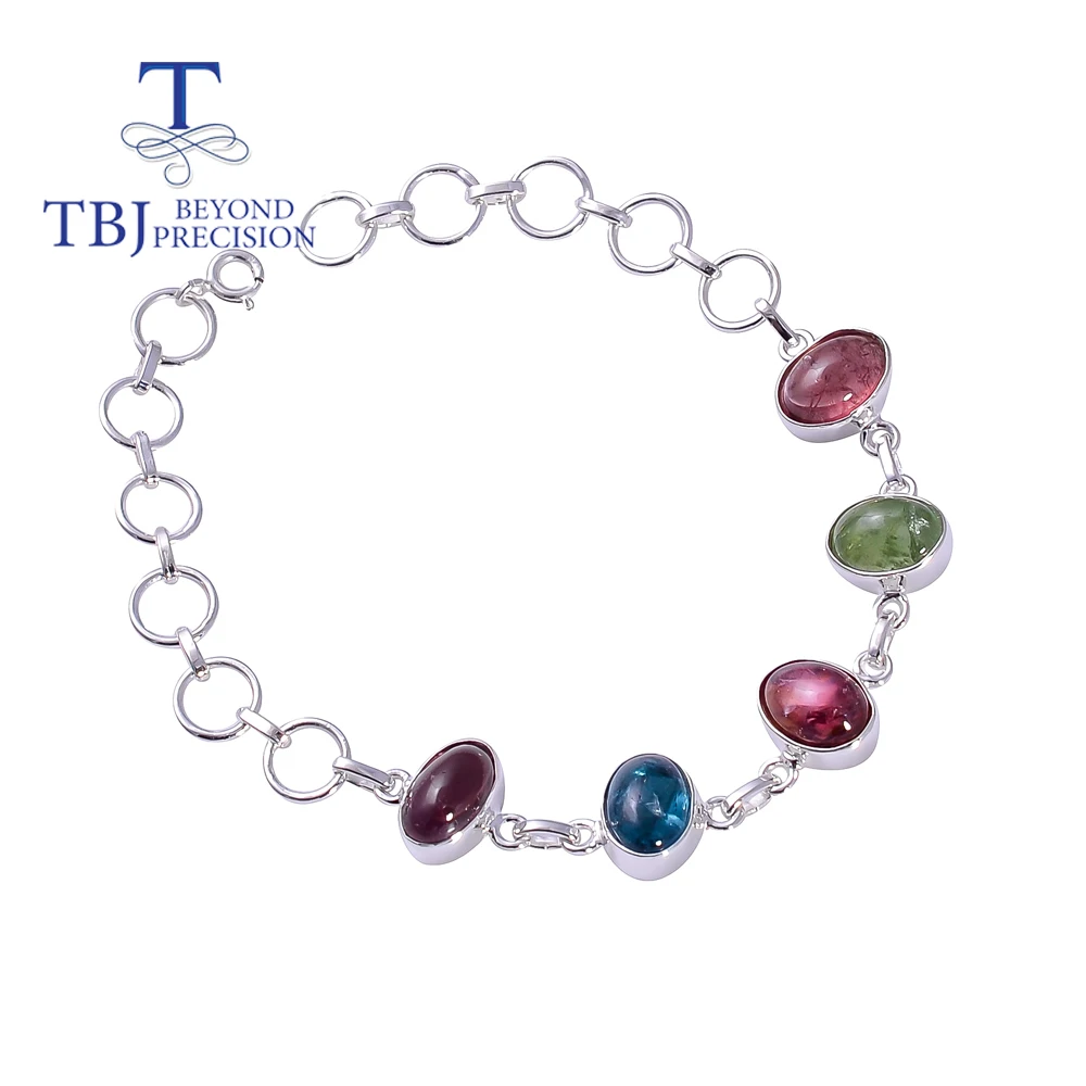 

TBJ, handmade 13.4ct natural Brazil colorful Tourmaline Bracelet 925 sterling silver real gemstone fine jewelry for women gift