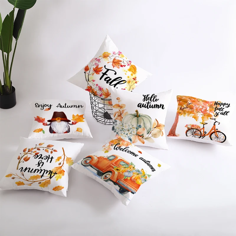 Обложки подушек с осенней тыквой 18x18 дюймов для декора фермерского стиля на День Благодарения - подушки с клетчатым принтом "Счастливы".