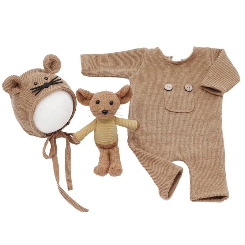 

J2FF 3 Pcs/set Newborn Photography Props Suit Knitted Cotton Jumpsuit Hat Mouse Doll Infant Photo Shooting Clothes Outfits