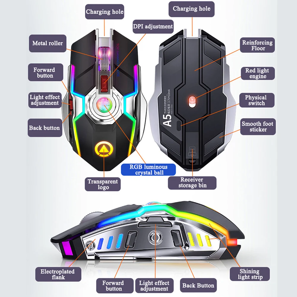 

Wireless Mouse Rechargeable 2.4G Silent Gaming Mouse 1600 DPI 7 Buttons LED Backlight USB Optical Computer Mouse For PC/Laptop