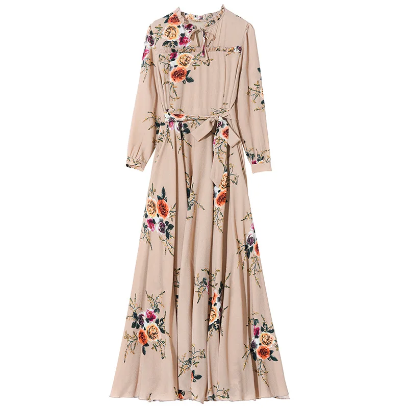 

ZN Women Long Dress Spring Autumn Floral Print Long Sleeves Big Hemline High Waist Boho Maxi Dresses Casual Dresses Vestidos