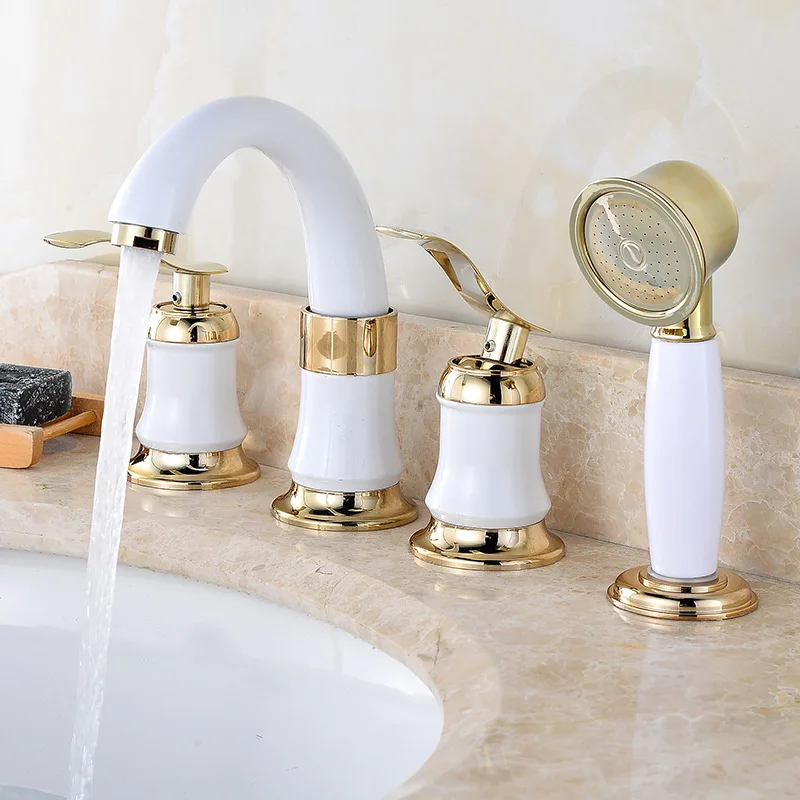 

4pcs Bathroom Faucet Cold Hot Mixer Tap Ceramic Valve Core Basin Faucet Bathtub Faucet Deck Mounted Tub Sink Water Faucet