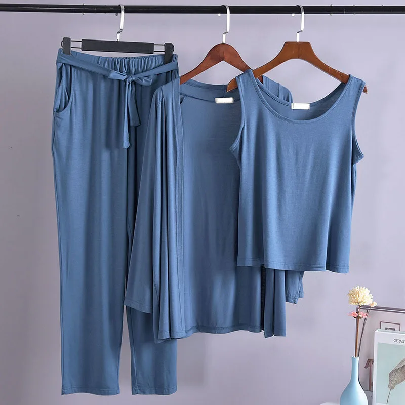 

Women's 3 Pieces Pajamas Sets solid color modal Pyjama Woman casual Sleepwear Sets Autumn femme Homewear simple pyjamas women