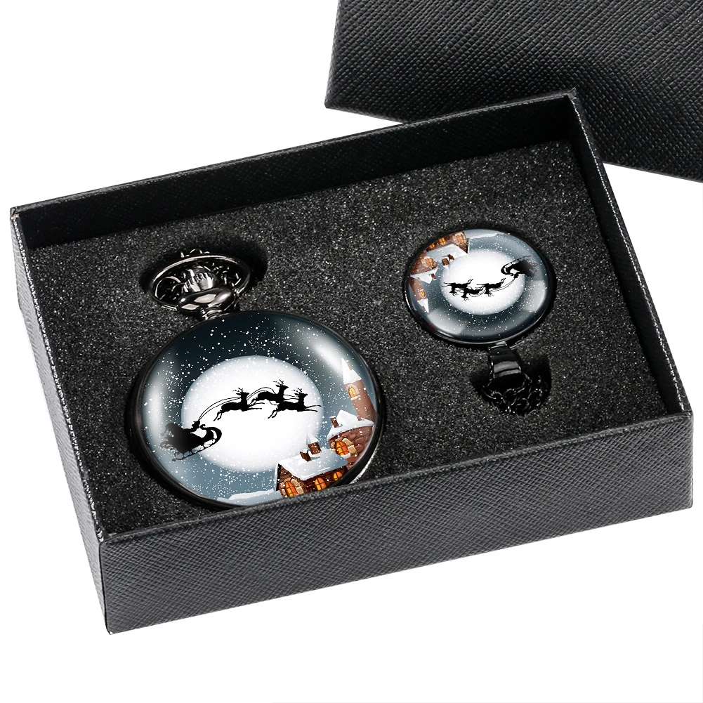 2021 Christmas Pocket Watch Gifts Set Men's Quartz Flip Pendant Watch Ladies Necklace Clock Gift with Box for Husband Dad