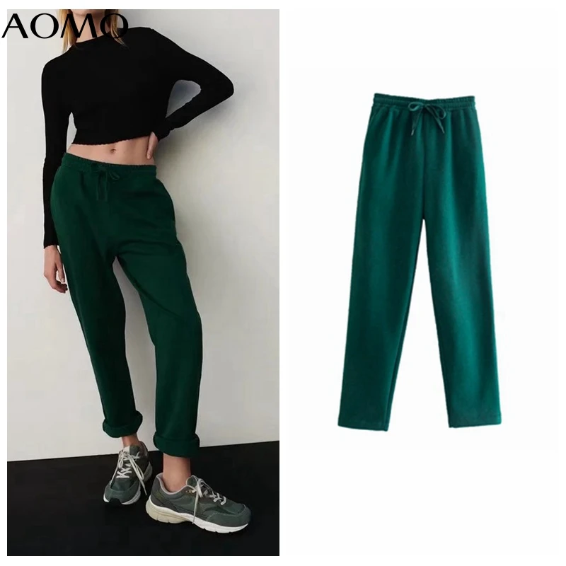 

AOMO 2021 Women Green Fleece Pants Cargo Strethy Waist Pants Trousers Joggers Female Sweatpants 6P95A
