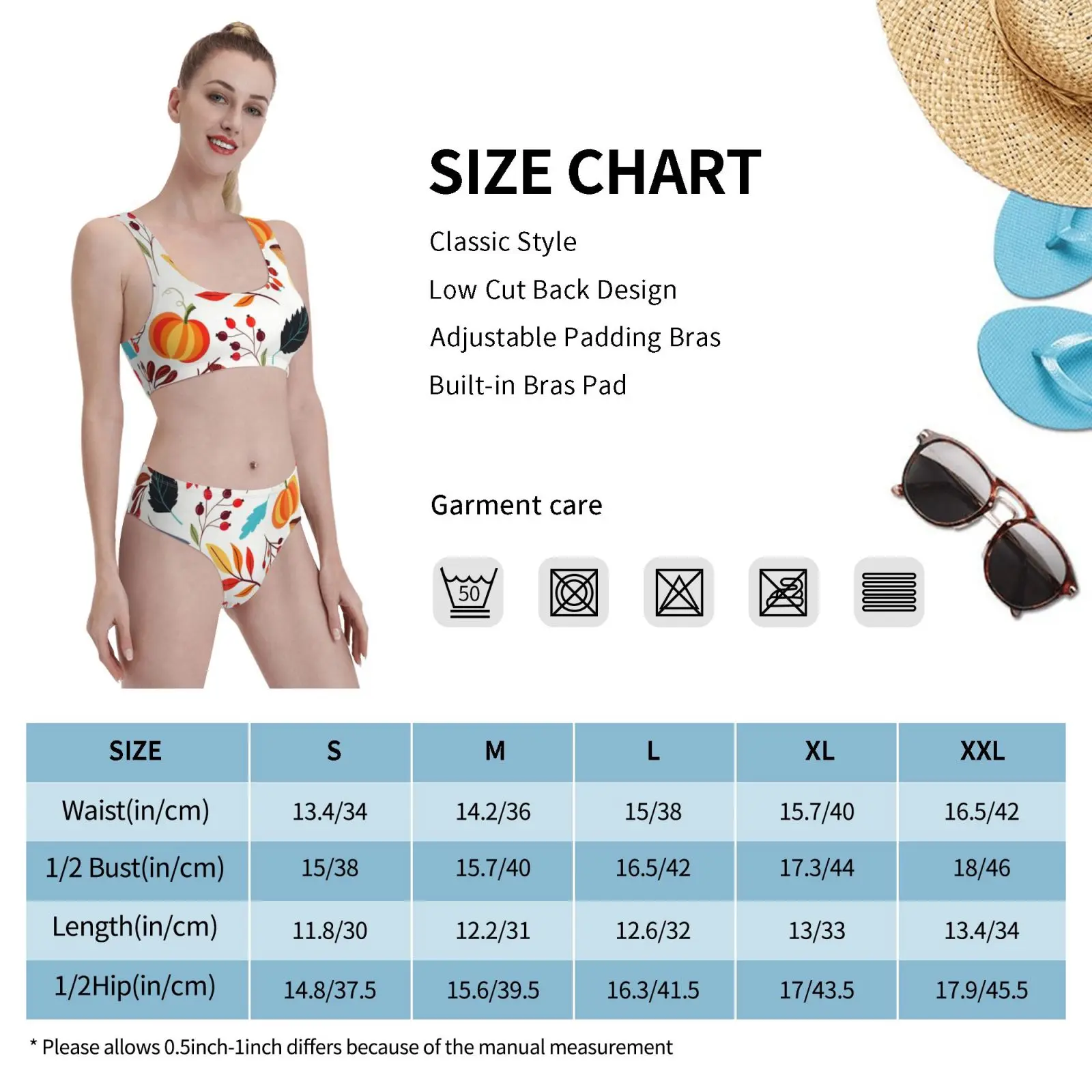 

Autumn Pattern Swimsuit one piece Bikini Padded Pumpkins Gourd