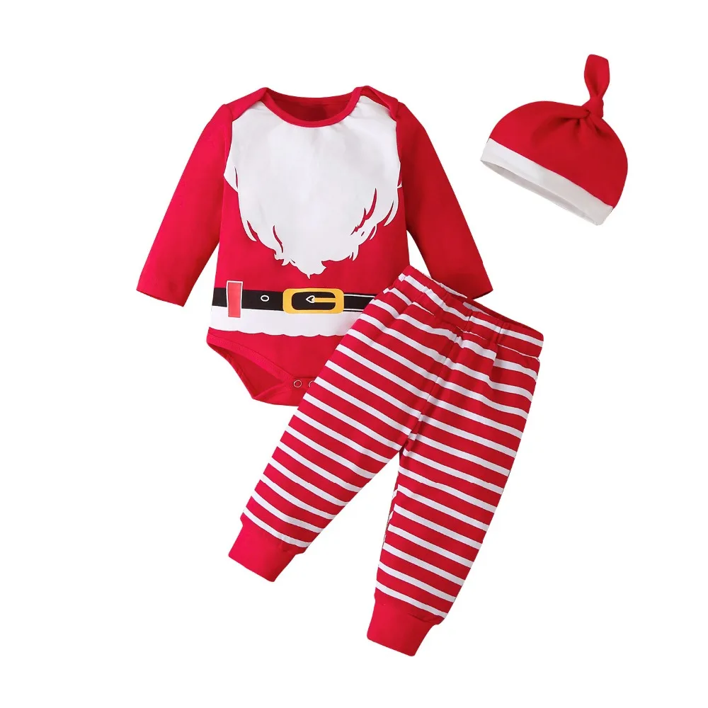 

Christmas Outfits 3Pcs Cotton Suits Newborn Baby Boys Clothes Sets Red Print Rompers Bodysuits Leggings Hats Infant Kids Bebes