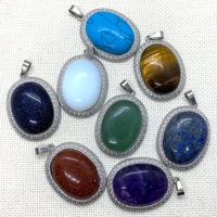 1pc natural stone lapis lazuli necklace pendant oval tigers eye stone blue pine charms for jewelry diy making earrings bracelet