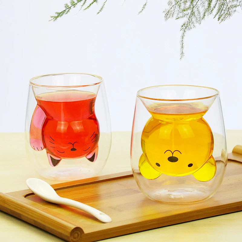Taza de vidrio de doble pared de 250ml, vaso transparente resistente al calor, oso, gato, Animal bonito, de doble capa, para té, leche, agua y café