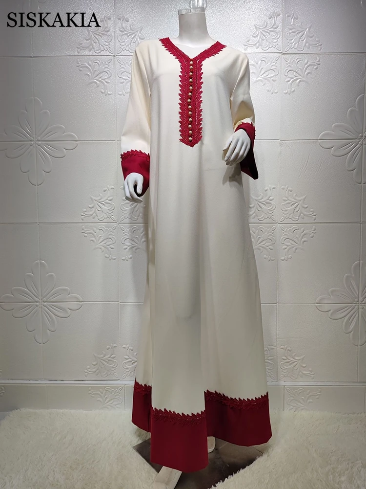 

Siskakia Indie Folk Abaya Dress for Women Fashion Contrast Color Patchwork Arabic Dubai Muslim Islamic Clothing 2021