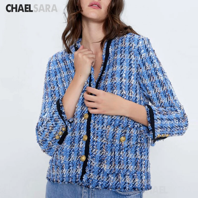 2020 New Vintage Women Blue Plaid Tweed Jacket Chic Single Breasted V-Neck Tassel Coat Woman Spring Autumn Outwear | Женская одежда