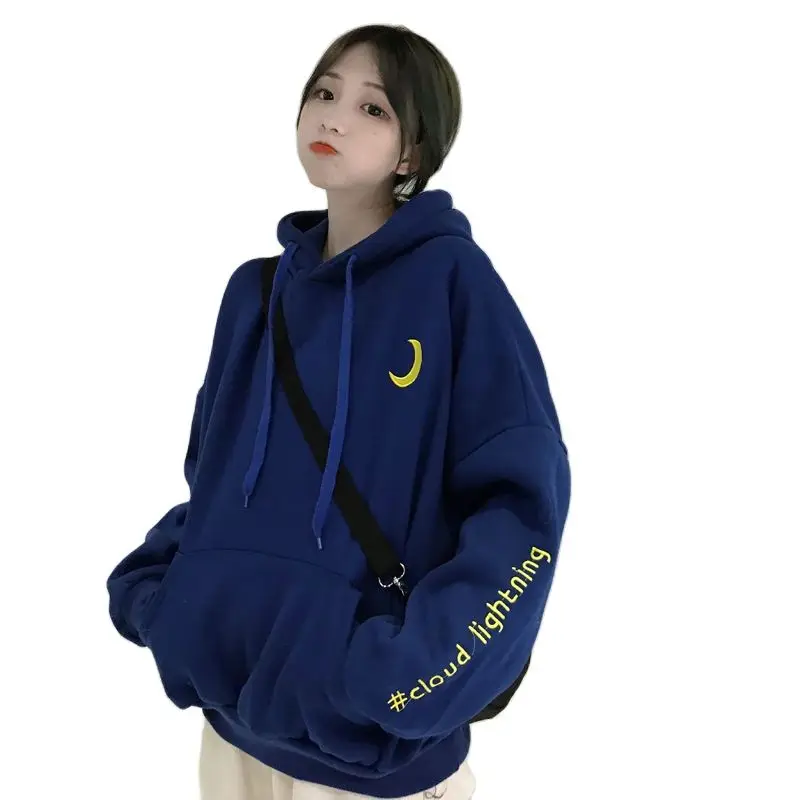 

Harajuku Kawaii Moon Embroidered Hooded Sweatshirts Pullovers Girls Cute Y2k Clothes Autumn Winter Women Fleece Pocket Hoodie