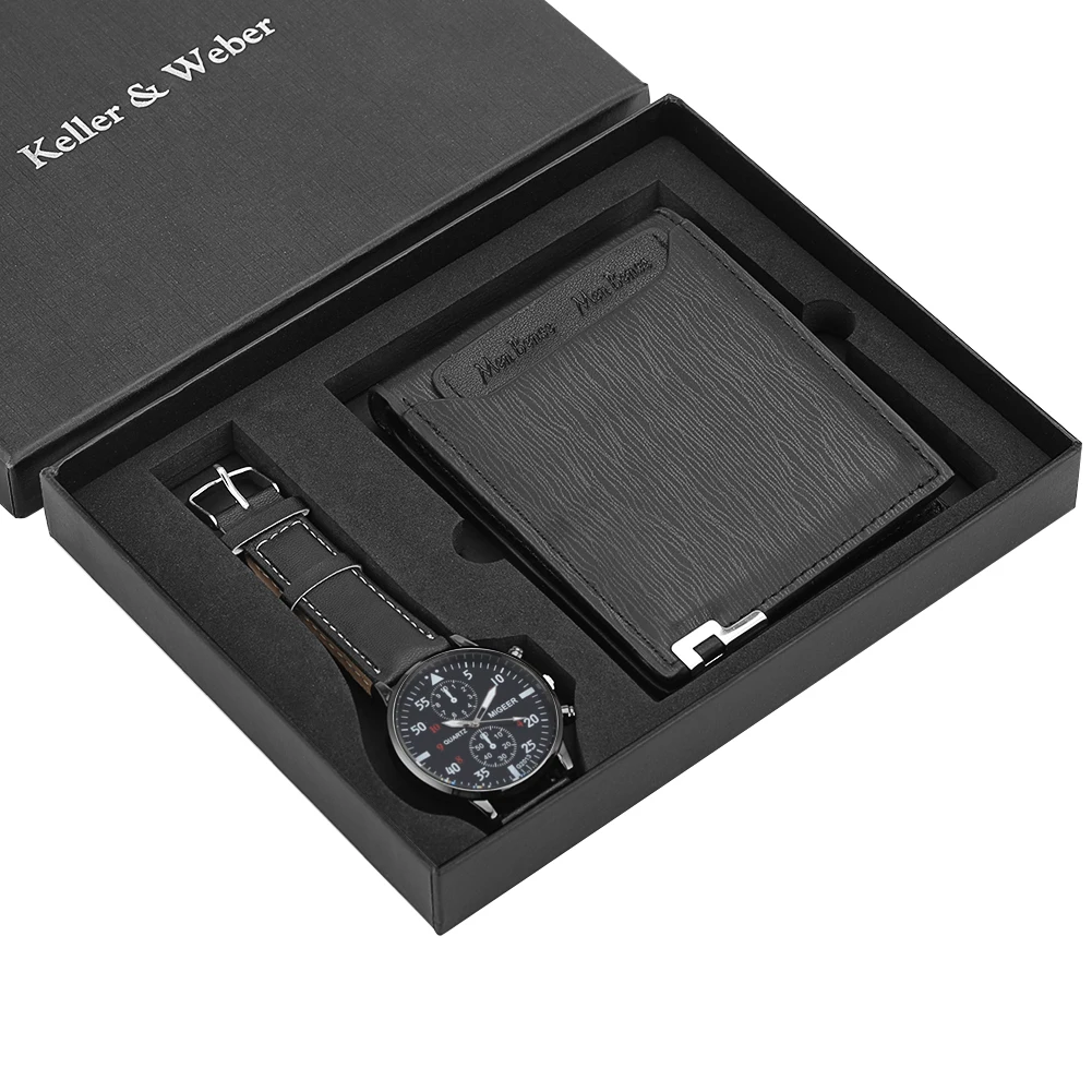 Charming Watch Wallet Gifts Set Mens Quartz Wristwatch Leather Wallet Gift Box For Dad Husband Boyfriend Reloj Carteira pocket watch wallet gift set superman batman theme watch leather card holder wallet gift box for dad husband son reloj masculino