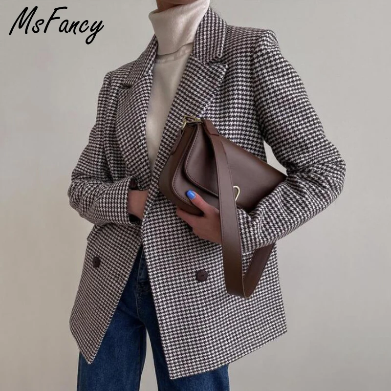 Модный блейзер в клетку Msfancy Женский Осенний двубортный официальный костюм