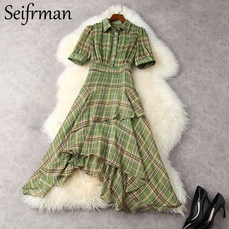 

Seifrmann New 2021 Summer Women Fashion Runway Asymmetrical Dress Lantern Sleeve High Waist Striped Print Midi Dress Vestidos