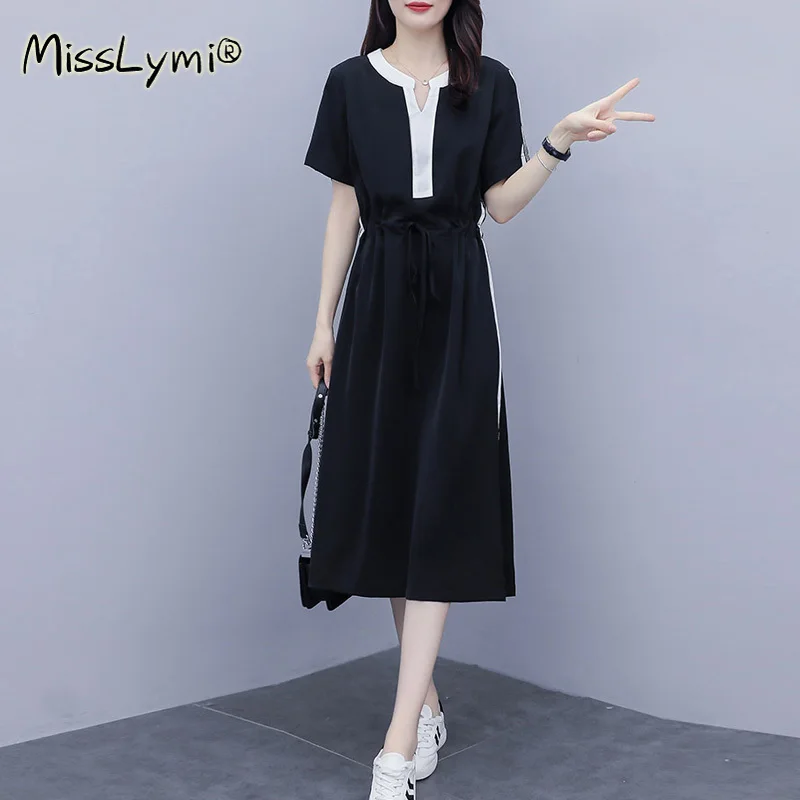 

4XL Plus Size Women Casual Long Dress Summer 2021 Fashion V-Neck Short Sleeve Side with Beading Ribbon Loose Ladies Dresses