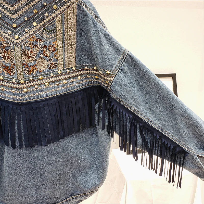 

Denim Jacket Korean Floral Embroidery Suede Fringe Looser Coat Long Sleeve Outerwear Jacket Women