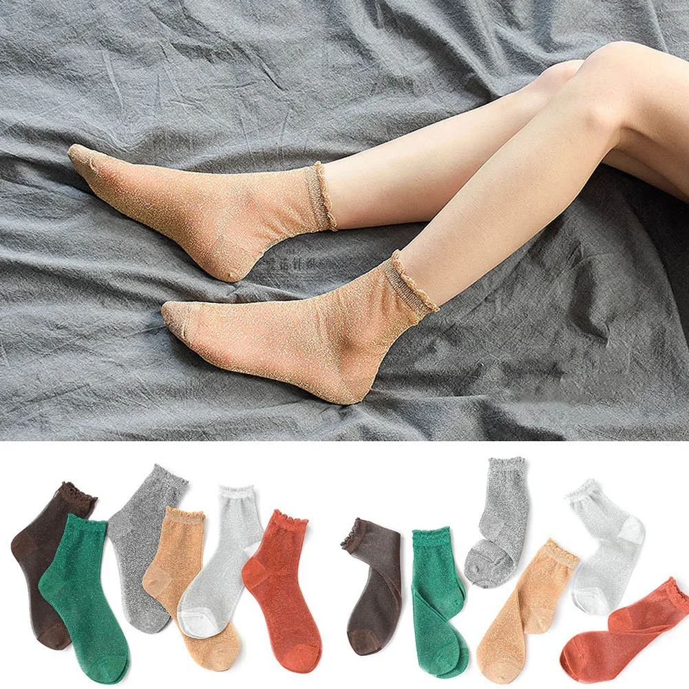 

1Pair Women Fashion Shiny Trendy Girls Glitter Ankles Socks Spring Summer Thin Gauze Transparent Lady Sox Soft Comfortable