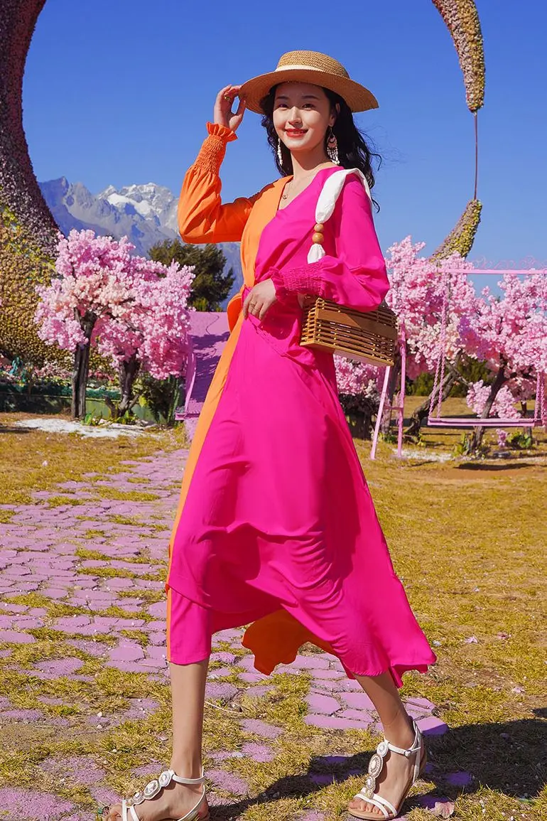 

COIGARSAM Office Lady Full Sleeve Women dress Spring Beach Style Vintage High Waist V-Neck Dresses Color Matching 8141