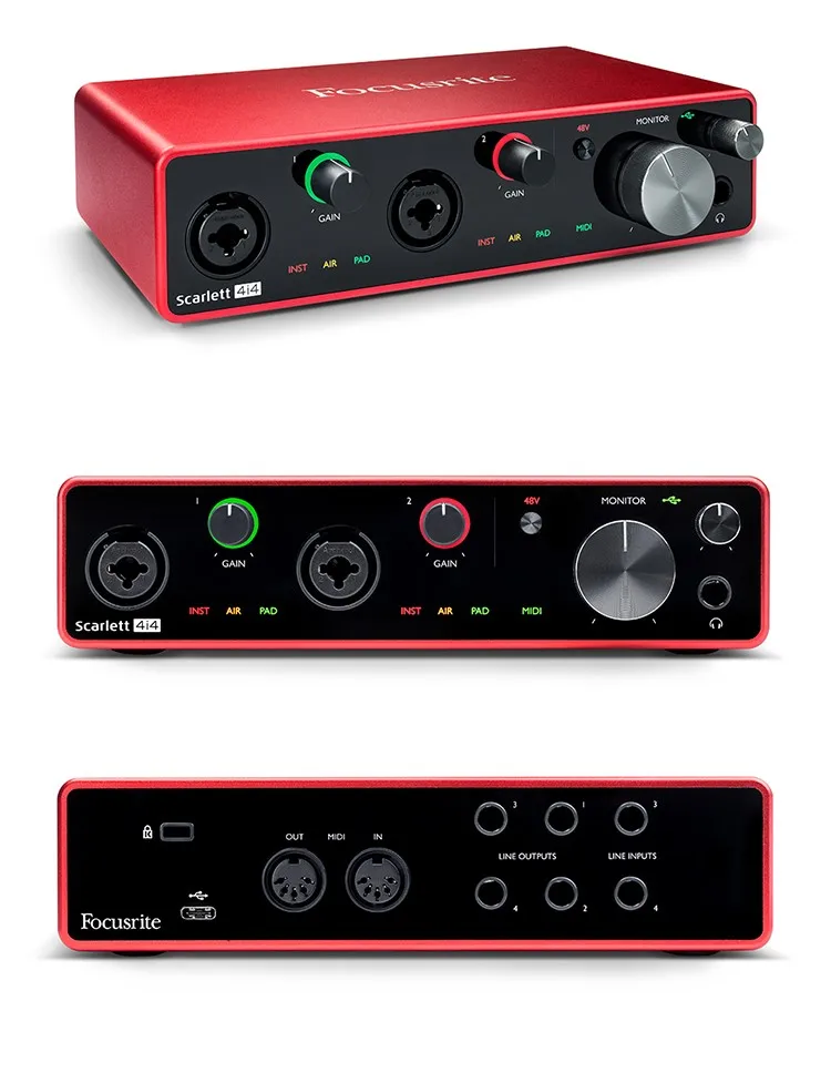 Модернизированный Focusrite Scarlett 4i4(3-го поколения) 4 дюйма/4 выхода 24 бит/192 кГц AD-DA конвертер USB аудио интерфейс Запись Звуковая карта